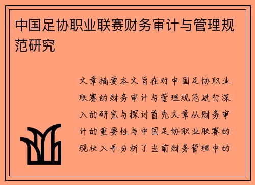 中国足协职业联赛财务审计与管理规范研究 中国足协职业联赛财务审计与管理规范研究